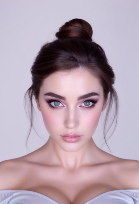 A beautiful young woman with fair, porcelain-like skin and brown hair styled in a soft, elegant low bun with a few loose strands framing her face. She has striking, large grey eyes with long eyelashes, subtle eyeshadow, defined brows, and softly blushed cheeks. Her lips are full with a natural pink gloss. She is wearing a light pastel off-shoulder top, revealing her shoulders and upper chest down to the cleavage. The image is composed from head to cleavage, with flattering, soft lighting. Set against a clean white background. Hyper-realistic, high detail, studio portrait, front-facing, centered composition.