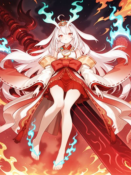 oni girl, kurikara divincarnate, 1girl, solo, barefoot, looking at viewer, fire, parted lips, white ribbon-trimmed sleeves, white sleeveless kimono, gold headpiece, mirror necklace, red bow, red hakama, blue fire, sitting on huge weapon, floating gigantic sword
masterpiece,best quality,amazing quality,very aesthetic,absurdres,newest,<lora:Kurikara Divincarnate illuXL v1:0.84>,