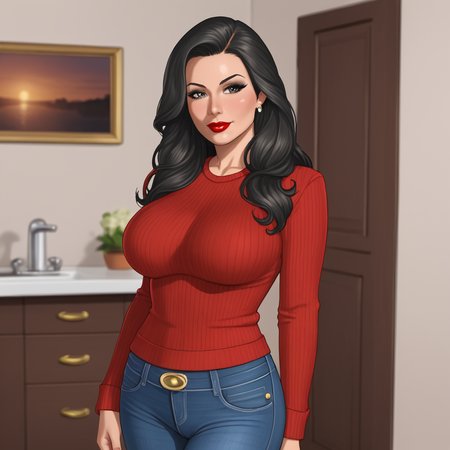 <lora:BlueBulleteer_pony_v1:.8> BlueBulleteer, 1girl, large breasts, lipstick,  makeup, black hair, long hair, red lips, cowboy shot, sweater, jeans