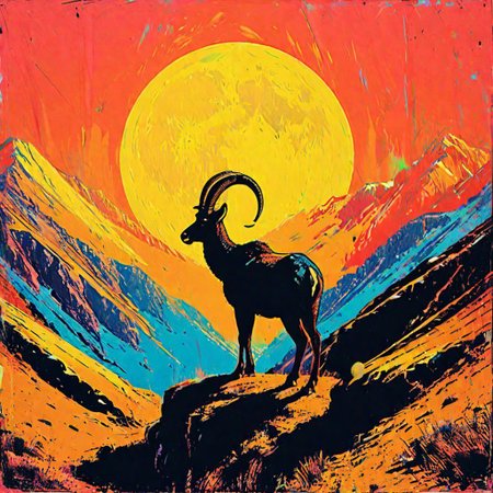 impactful color paint of, 1 walia ibex standing on top of a cliff under 1 white moon, black silhouette against white moon, black cliff, black  sky, highly detailed, vibrant colors, 8k, sharp, professional, clear, high contrast, high saturated, vivid deep blacks, crystal clear