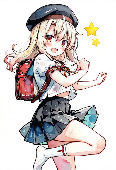 1girl, solo, long hair, skirt, hat, open mouth, red eyes, black skirt, school uniform, smile, socks, backpack, white background, :d, white socks, short sleeves, shirt, pleated skirt, white shirt, simple background, blush, star (symbol), bag, looking at viewer, blonde hair, puffy short sleeves, puffy sleeves, hair between eyes, no shoes, Illya, dancing, action pose,
masterpiece,best quality,amazing quality,  <lora:watercolor2IL-style:1>, pastel color, watercolor, traces of water paint,