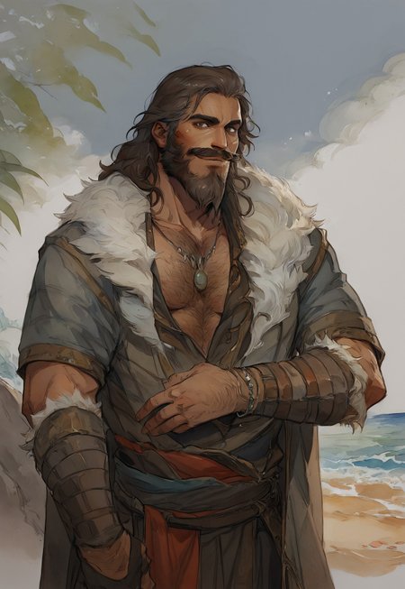 safe_pos, safe_pos, score_9, score_8_up, 1boy, IfanBM, mature male, tan skin, facial hair, muscular, ((beard)), moustache, facial hair, ((brown hair, grey streaks)), long hair, wavy hair, ((fantasy style clothing, fur-trim)), (beach paradise), watercolor \(medium\), traditional media, hairy chest, very hairy, (looking at viewer flustered), dutch angle, Expressiveh, smirk, lips slightly apart, sexy posing, ((fantasy clothing)), jewelry, manly, necklace, bracelet, dynamic pose, 