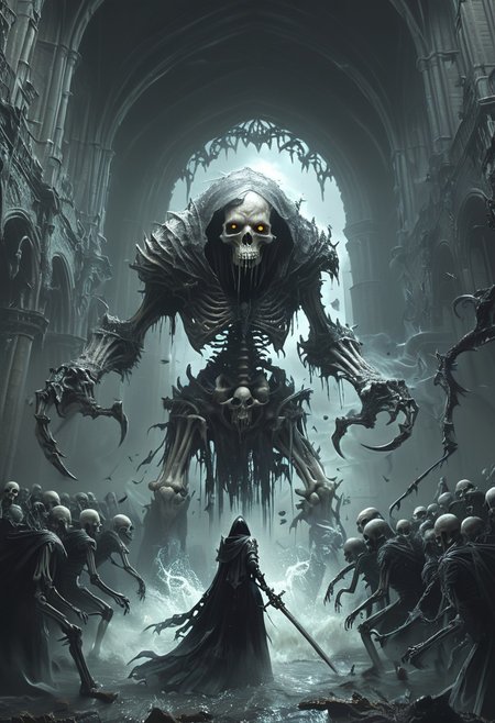 The Necromancer Queen: In a crumbling, haunted cathedral, the hero faces a skeletal queen, her dark magic animating an army of undead. Her staff pulses with sinister energy as she commands her minions to swarm the hero, who must cut through waves of zombies and ghosts to reach her. The queen's power twists the very fabric of reality, summoning shadowy portals that threaten to engulf the hero at every step.
Bosstyle<lora:CyberRealistic_Negative-neg:1>  <lora:detailed_notrigger:1>  <lora:XL_boss_battle:1>