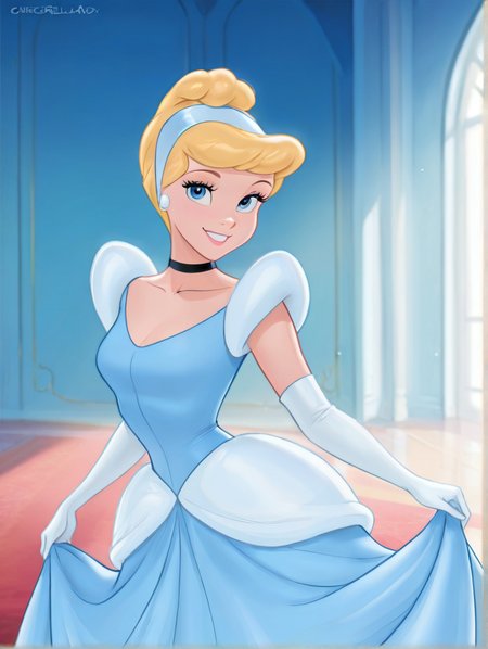 masterpiece, best quality, amazing quality, very aesthetic, absurdres,  newest, detailed background, indoors, dynamic angle, 4k, 8k,  
cinderellaxd, 1girl, solo, dress, gloves, elbow gloves, blue dress, white gloves, skirt hold, choker, smile, hairband, blonde hair, short hair, looking at viewer
 <lora:Cinderella_-_Disney_Illustrious-000009:1>