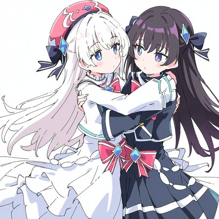 2girls,simple background,white background,hug,looking at another,
BREAK tairitsu,<lora:tairitsu-000016:0.9>,1girl,(black skirt:1.2),black hair,no hat,black dress,hair bow,
BREAK <lora:xikali>,xikali,1girl,white hair,white dress,, masterpiece, best quality, very aesthetic, absurdres,newest, incredibly absurdres,, (Ixy:0.6)),(hiten \(hitenkei\):0.7),