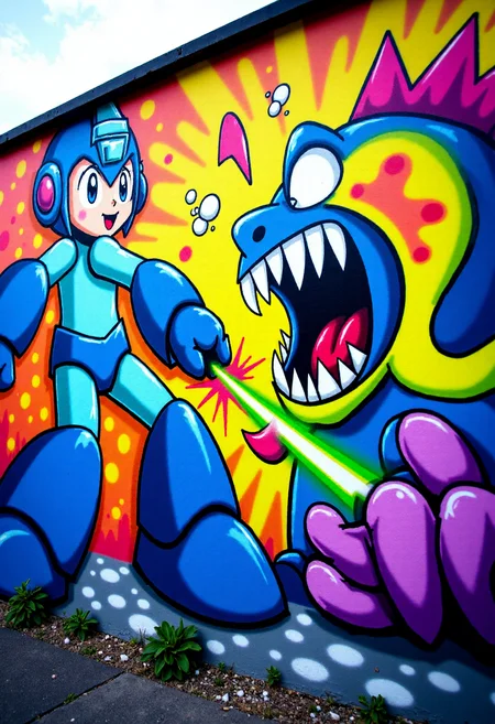 <lora:Brick_Wall_Graffiti_FLUX:1>
This photograph captures a vibrant, detailed mural on a wall, painted in a bold, cartoonish style. The mural features a stylized depiction of  Megaman firing his arm laser at a monster