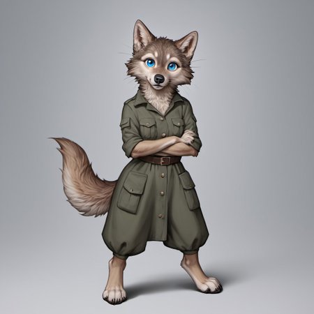 score_9, score_8_up, score_7_up, source_furry, detailed face, detailed eyes, incredible detail BREAK 1girl, solo, anthro, wide shot (furry female, wolf, light brown fur, monotone fur, light blue eyes,slightly wide hips, small breasts), black nose, whiskers, ear flop, solo, looking at viewer, FurryDalle, cartoon, toony, full body, hunter outfit, archer outfit, shy pose