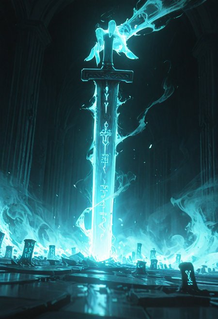 dynamic angle, unusual angle, dynamic, dynamic composition, single sword, runic engraving, runes, sould of the damned,
In the dim, flickering light, a shadowy figure emerges, its presence cloaked in an air of mystery. Slowly, it reaches out toward the hilt of the shattered runic sword, its movements deliberate yet hesitant. The ancient engravings on the hilt begin to pulse faintly, glowing like a dying ember, their light casting eerie shadows across the figure’s outstretched hand. The closer it gets, the air grows colder, heavy with an otherworldly presence. From the jagged break in the blade, spectral wisps begin to unfurl, curling and twisting like smoke, their forms coalescing into ghostly faces etched with agony. Whispers fill the air—soft at first, but rising into a cacophony of tormented wails. The figure’s hand trembles as its fingers hover just above the hilt, as though sensing the weight of the cursed power it is about to claim. Finally, with a sharp intake of breath, the hand closes around the sword. The runes ignite with a blinding light, and the escaping souls recoil, writhing in both fear and fury.