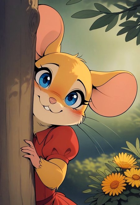 score_9, score_8_up, score_7_up, score_6_up, score_5_up, score_4_up,
[][][][][]
(((mouse))), (feral), furry, female, solo, (fluffy:0.8), (fluffy cheeks:0.4), cute, 
[][][][][]
(red dress), yellow fur, yellow ears, blue eyes, 
[][][][][]
flat color, in the style of Beatrix Potter, peeking out upper body
[][][][][]
cel-shading, backlit, (warm color pallet), (upper body portrait, head focus, close up:1.6), (side view), look at viewer, detailed fur,
[][][][][]
outdoors, behind tree, head peeking out, blush,