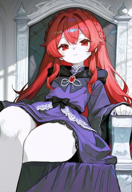 masterpiece, best quality, amazing quality, very aesthetic, absurdres, newest, cvle01, CHOo1NE_illu, nistyle,
BREAK,
1girl, solo, flowing red hair, princess crown braid, pale skin, ornate purple gown, furry lined clothing, scintillating jewel clothes, sitting, legs crossed, leaning back, relaxed, sloppy posture, mouth open, looking at viewer, slight frown,
BREAK, royal background, black and white throne room, throne, daylight, rays of light, two-tone background, clean lines, cold color theme, depth of field, detailed background, highly detailed, evocative composition