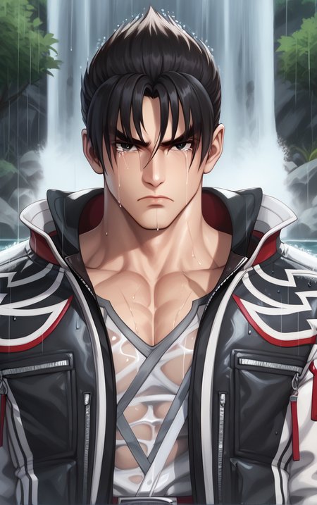 score_9, score_8_up, score_7_up, BREAK 
Jacket_JinKazama_ownwaifu, 
1boy, male focus, short hair, spiked hair, black hair, black jacket, black eyes, jacket, open clothes, open jacket, fingerless gloves, collarbone, bangs, grey shirt, red gloves, parted bangs, black pants, pectorals,  striped shirt, white shirt, white jacket, leather jacket, muscular male, high collar, scar, scar on face, hood down, muscular, hair over eyes, manly, thick eyebrows, belt, dougi, zipper, bara, hair between eyes, lips, long sleeves, serious, bandages, biker clothes, boxing gloves, collared jacket, multicolored jacket, pectoral cleavage, popped collar, 
(portrait, rain, sad), crying, waterfall, wet, wet clothes, closed mouth, hydrangea, outdoors, <lora:PONYXL_TEKKEN_JinKazama_ownwaifu:0.75>, solo,