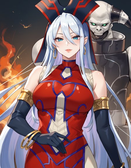 (score_9:0.9),score_8_up,score_7_up,rating_safe,anime style,(zPDXL),(zPDXL3),<lora:Ruin Queen of Oblivion ponyXL v1.1:0.8>,ruin queen of oblivion,1girl,gold bracelet,black elbow gloves,1boy,looking at viewer,red headwear,red dress,demise king of armageddon,full armor,mature female,