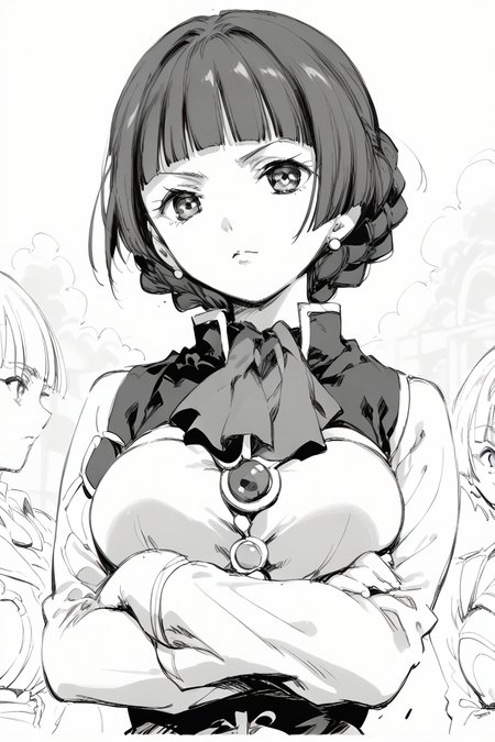 score_9, score_8_up, score_7_up, score_6_up,
  <lora:Mamiina:1> mamiina, greyscale, 1girl, monochrome, jewelry, earrings, braid, crossed arms, short hair, brooch, blunt bangs, bow, breasts, bangs, upper body, long sleeves, looking at viewer, sibylla, sketch
 <lora:Kubikiri:1> kubikiri