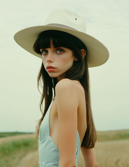 an underexposed film still by conrad roset of a woman looking like eleaxl6 posing wearing a hat