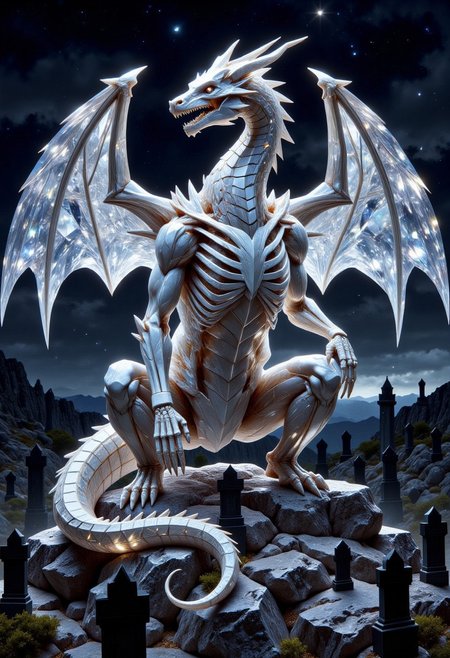 FluxEpicDragon, a crystaline dragon skeleton made of cut smoky grey diamond and obsidian with subsurface scattering and subtle light transmission, with a small head, monstrous and colossal towering over the landscape, stoically guarding an ancient cemetery of monumental gravestones and mausoleums in the dead of night at midnight, jagged and empty skeletal ribcage and spine and skull, skeletal wings spread
