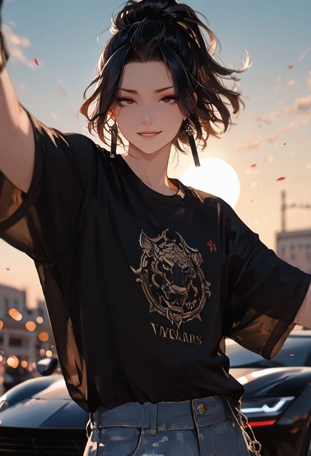 masterpiece, best quality, good quality, very aesthetic, absurdres, 
newest, 8K, depth of field, focused subject,visual storytelling,dynamic composition,
close up, stylized, scenery, bokeh,blurred background, 
Black Myth Wukong, male sun wukong, 
chinese mythology,( dynamic pose:1.3), smirking face,
upper body focus,
casual clothes, wearing luxurious jeans and luxurious black t-shirt with gothic design, expensive black watch
windblown hair, 
dramatic sky, celestial clouds, floating mountains, mythic scale, sakura petals, mystic mist, 
cinematic composition, backlighting, volumetric light, vegas city scene, symbolic environment, god-tier illustration,(sketch:1.3), taking a selfie in front of a lamborghini aventador with spoiler and body kit (car is black, chrome carbon fiber details)