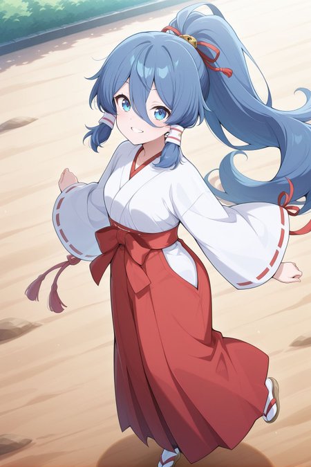 absurdres, highres, masterpiece, best quality, amazing quality, official anime artwork, screencap, anime screencap, outdoors, looking at viewer, smile, dynamic pose, 
 <lora:Mizuchi-Miyadeguchi_Illustrious:1> miyadeguchi mizuchi, 1girl, solo, blue eyes, blue hair, very long hair, hair tubes, ponytail, sidelocks, small breasts,, white kimono, wide sleeves, ribbon-trimmed sleeves, red hakama, miko, red ribbon, tabi, brown sandals,