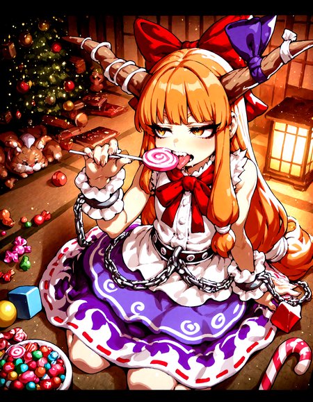 1girl , ibuki_suika , CHRC4ND7,  candy, detailed background,
,Fishine, dekosukentr, ireading:0.7,
ï¼masterpiece, best quality, newest, absurdres, highres,
<lora:illustrious_noobai_epsilon_pred_1_best_quality_v1:0.4> ,<lora:illustrious_noobai_epsilon_pred_1_masterpieces_v1:0.4>, <lora:illustrious_noobai_epsilon_pred_11_very_aesthetic_v1:0.4>, <lora:ponyv5_noobV065S_1_adamW:0.6>, <lora:add-detail-xl:0.4>, <lora:GEN(illust) 0.2v:0.6>,<lora:cfg_scale_boost:0.4>, <lora:Christmas_Candy:1>