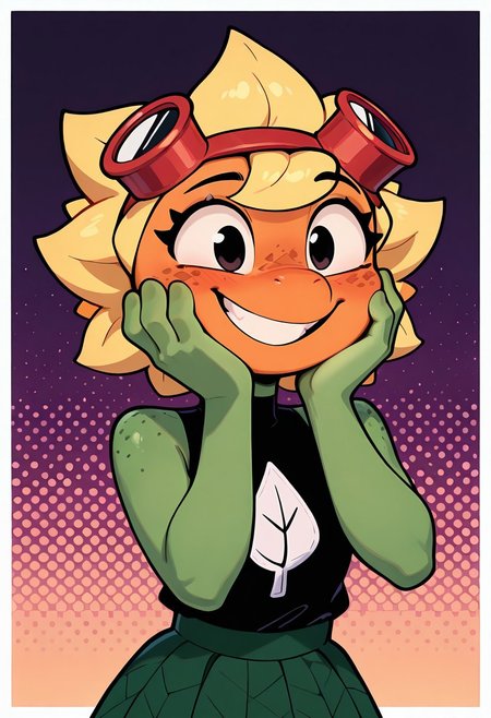 masterpiece, best quality, amazing quality, very aesthetic, absurdres, newest, detailed background, 
cartoon, fan art, screencap, 
solarflare, blonde hair, 1girl, red goggles on head,  short hair, black shirt, freckles, dark green skirt, ((anthro, no ears, short snout,  )),green skin, turtle neck, , green skirt, spikey hair, big smile, teeth,  (orange face) , green neck,  sleeveless, pose, no ears, earless,  shirt print, shirt over skirt, big anthro hands, flat hands, round face, circular face,  no humans, monster girl,, flat hands, green arms,
upper body, halftone effect, white borders, abstract background:1.2, smile, blush, teeth, hands on face,