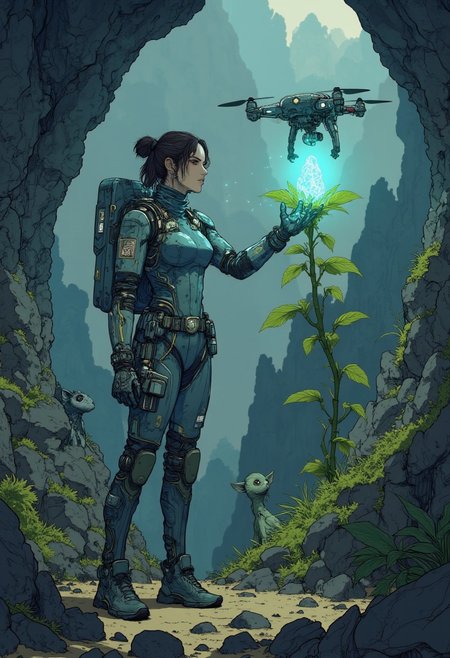 in the style of cksc, A futuristic female scientist clad in a high-tech spacesuit designed for interacting with alien lifeforms and environments. Her gloves are equipped with multi-tools and alien translation devices. She stands in a lush, alien jungle, examining a strange, bioluminescent plant with a hovering drone scanning it. The flora around her seems alive, with otherworldly creatures peering through the foliage.