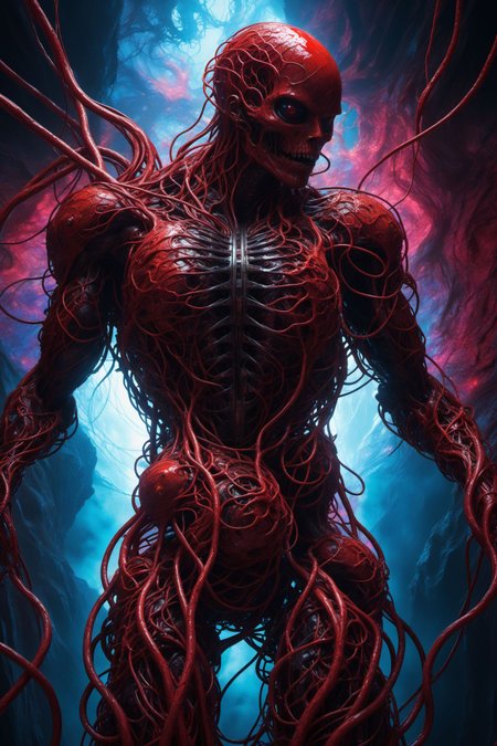 a cybermutant fleshmutant made of pulsating flesh and biomechanical limbs, fusion of flesh and machine, quivering tumors, fleshy growths, mutagenic, cybernetic hoses, wires, anime style, 2d, fighting game style masterpiece, best quality, ultra realistic, 32k, RAW photo, detail skin, 8k uhd, dslr, high quality, film grain,\nShort and messy hair, dynamic, vibrant, action-packed, detailed character design, reminiscent of fighting video games, black bloody veins growing and intertwining out of the darkness, oozing thick neon rainbow blood, veins growing and pumping blood, vascular networks growing, connecting, expanding, red veins everywhere, zdzislaw beksinski, (vibrant colors:1.1), (Infrared:1.2), Rust, Hypercube, ultra detailed, intricate, oil on canvas, ((dry brush, ultra sharp)), (surrealism:1.1), (disturbing:1.1), beksinski style painting, sparks, lens flare, rim lighting, backlighting, RTX, Post Processing, satanic cross, man body, muscular, venom costume, (japanese portal), death shadow nightmare ethereal beast, floating into the abyssal heights, nebula, cinematic, dreaming, Film light, bathing in light, very sharp focus, Hyper detailed, Hyper realistic, masterpiece, spiritual, surreal, atmospheric, maroon cream bronze, High resolution, Vibrant, High contrast, dark angle, 8k, HDR, 500px, dystopian
 <lora:ab0m1:0.4>, ab0m