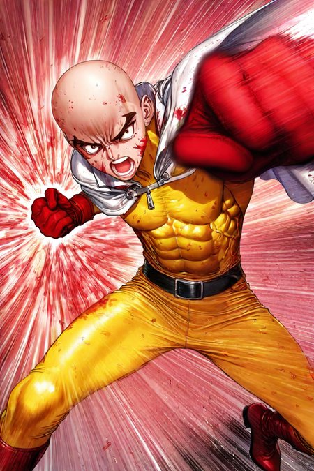 score_9, score_8_up, score_7_up, score_6_up, score_5_up, score_4_up, <lora:Hoseki_OnePunchMan_Saitama_PDXL_v1:0.8> 0pm, 1boy, bald, brown eyes, yellow bodysuit, zipper, black belt, belt buckle, white cape, red gloves, red boots<lora:boichi_style_illustriousXL-000029:1>, boichi_style, male focus, 1boy,  angry, open mouth, abs, solo, blood on face, motion blur, hatching, battle, fist, incoming attack, incoming punch, punching, injury, veins, scar, entire body, legs, alone, looking at the viewer, masterpiece, highres, highly detailed face, highly detailed shining eyes, symmetrical highly detailed eyes
