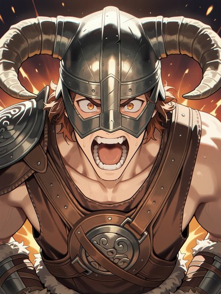 dovahkiin armor, 1boy, solo, male focus, open mouth, brown hair, horned helmet, brown gauntlets, teeth, upper body
masterpiece,best quality,amazing quality,very aesthetic,absurdres,newest,<lora:Dovahkiin illuXL v1:0.78>,