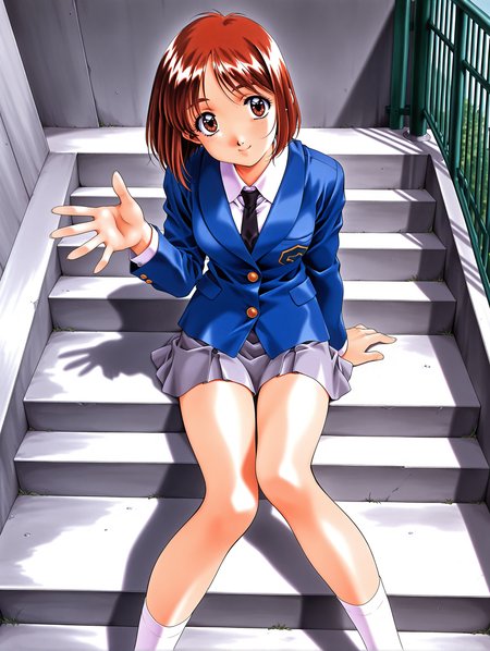 masterpiece,best quality,newest,
1girl,solo,
retro artstyle,<lora:yamamoto_rurika_ilxl_v1.0>,y_ruruka,short hair,brown hair,brown eyes,r_clothes,blue jacket,long_sleeves,grey mini skirt,
<lora:Fixhands_anime_bdsqlsz_V1:1>,smile,fence,scenery,smile,pov,hand_between_legs,knees_together_feet_apart,sitting_on_stairs,cowboy_shot,head_tilt,leaning,from_above,waving,traditional media,