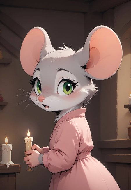 score_9, score_8_up, score_7_up, score_6_up, score_5_up, score_4_up, m0use_goldie, solo, grey fur, green eyes, (tail:1.5), (cute), (feral:1.2), (pink nightgown, (pink nightcap)), (holding candle:2), (indoors, cottage), (tired expression), side view, looking back, (dark, night), bedroom, window, night sky, (chibi:0.2), upper body shot, heaad focus, (open mouth:0.7)