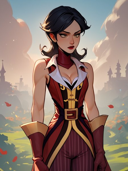 score_7_up, score_8_up, score_9, masterpiece, (1girl, solo,)perfect face, perfect hands, high quality, source_anime, <lora:Morgan_LeFlay_-_Tales_of_Monkey_Island:1>Morgan_LeFlay, black hair, cleavage, red jacket, sleeveless, striped pants, high heel boots,