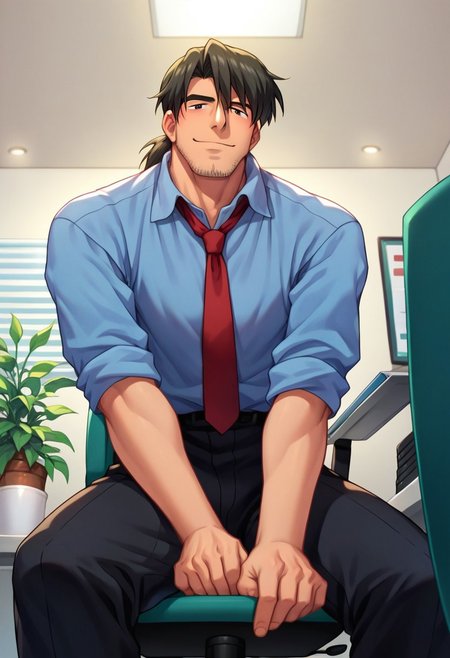 score_9, score_8_up, score_7_up, score_6_up, (perfect anatomy:1.3), perfect proportions, best quality, masterpiece, high-resolution, high quality, aesthetic, absurdres, solo man, male focus, bara, mature, masculine, manly, handsome, charming, alluring, seductive, sitting on office chair, widely spread legs, ((from below, low angle, view between legs)), (perfect face, perfect eyes:1.4), mature man, asian men, japanese, Rouji Kaji, kaji_blueshirt, red necktie, blue collared shirt, sleeves rolled up, black pants,
