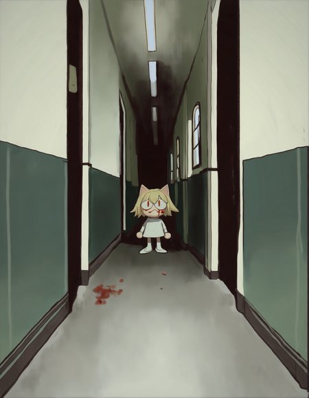 mossacannibalis,  1girl, solo, neco-arc, chibi, blood on face, darkness, horror \(theme\),  hallway, standing, looking at viewer,     masterpiece, best quality, very aesthetic, absurdres
