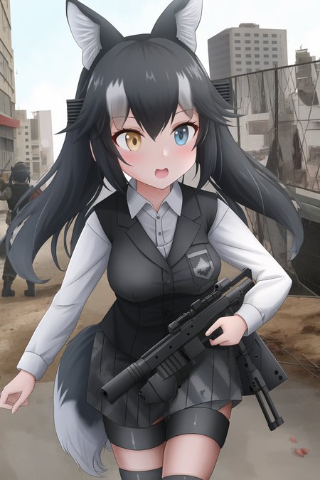 1girl, dark hair, heterochromia, kemono friends, ruined city, assault rifle, animal ears, wolf tail, blue eye, yellow eye, ((soldier uniform)), black clothes, military uniform, ((armor vest)), special forces