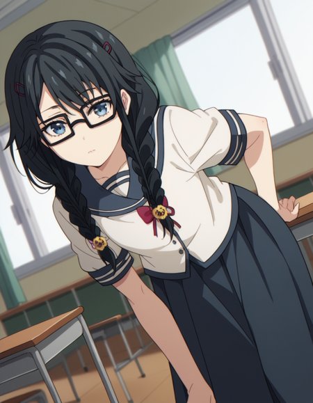 score_9, score_8_up, score_7_up, source_anime,
sumirekosanshokuin, <lora:sumireko-sanshokuin-s1-ponyxl-lora-nochekaiser:1>
sumireko sanshokuin, long hair, black hair, blue eyes,
hair ornament, braid, glasses, twin braids, black-framed eyewear, skirt, hair ornament, school uniform, serafuku, black skirt, long skirt,
indoors, classroom, bent over,
looking at viewer, cowboy shot, dutch angle, solo,