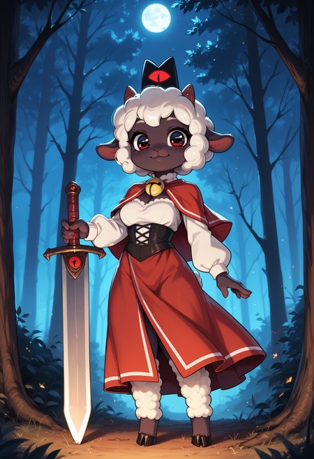 score_9, score_8_up, score_7_up,
source_furry, high quality, perfection, detailed, aesthetic, dim lighting,  
1girl, solo,
forest, night, dark,
furry female, anthro, furred body, fluffy fur, beautiful girl, cute girl, adult, youthful, beautiful face,  beautiful eyes, perfect eyes, detailed eyes,
(lamb girl), medium breasts, white hair, short hair, wool, good hands,
Cult of the Lamb cosplay, wool clothes, clothed,
chibi, shortstack,
(huge sword:1.2), smile,
