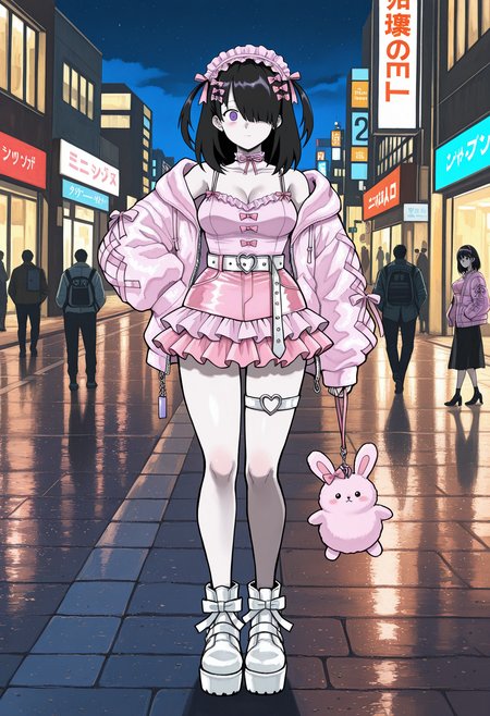 full body,
1girl, black hair, pale skin, purple eyes, hair over one eye, medium hair, medium breasts, red lipstick,
embarrased, wearing hair bows, wearing a sweetlolita , jirai kei, pink ribbon, ear ribbon, (Adorable Tokyo fashion), (pastel pink camisole top, pastel jacket, pastel tutu micro skirt), white belt, hair accessories, chocker, thigh strap, headband, accessories,
outdoors, street, night,
<lora:QHayashidaIL-style:1>, qhayashidastyle312,masterpiece,best quality,amazing quality,