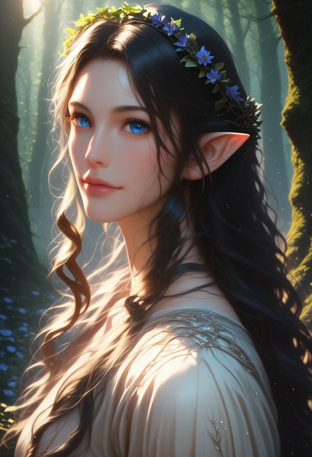(score_9, score_8_up, score_7_up), 1girl, MILF, solo, gorgeous girl, detailed face, kawai girl, Expressiveh, <lora:add-detail-xl:1>, cute face, cute girl, Curvaceous Physique, easynegative, forest,tall trees, fog,  enchanted forest,  perfect quality, high quality, ambient occlusion, raytracing, source_anime, shining glossy skin, soft lighting, realistic skin, blum effect, masterpiece, absolutely eye-catching, 
 Lúthien, (masterpiece), best quality, expressive eyes, perfect face, black hair,  ((pointy ears:0.6)), perfect eyes, silhouette, light particles, view from side, long flowing hair, ((Lord of the Rings elven dress intricate)), simple medival dress, linen dress, flower crown, steam, fog,
