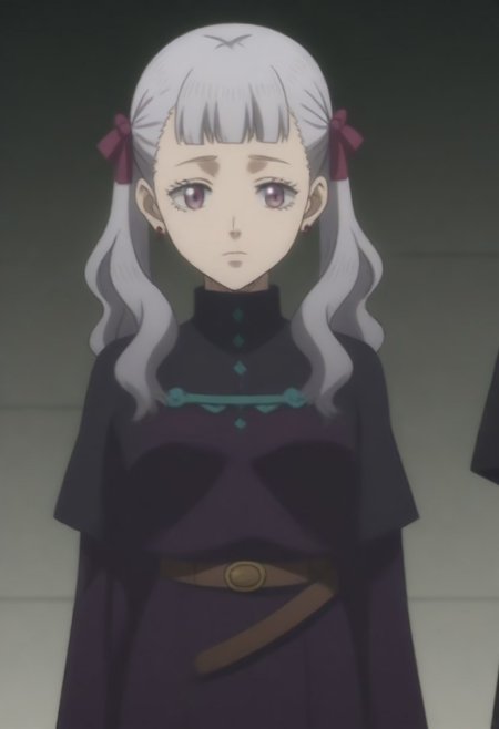 source_anime, anime screencap, source_anime, auratheguillotine, anime screencap, masterpiece, source_anime, shiny skin,,,,,,<lora:noellesilva-pdxl-nvwls-v1-000005:1> noelle silva, grey hair, purple eyes, twintails, hair ribbon, black capelet, green strap, white and purple dress, long sleeves, belt,