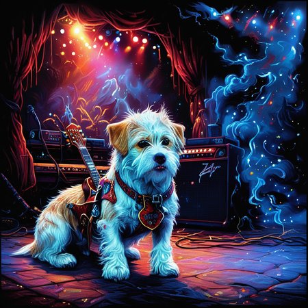 Hyperrealistic, crystal-clear portrait of a  <lora:ZIP_SDXL:1> zip dog looking at the viewer Walking on stage playing his guitar  <lora:1980s_Fantasy_Style_test_2:0.3> 1980s Fantasy Style, vivid color <lora:Rock_Concert:0.5> r0ckc0ncert, on stage, light show, smoke, band, instruments <lora:tbh160-sdxl:0.8> style of Dan Mumford  ith super sharp details and vivid colors, intricate textures, and pristine clarity.