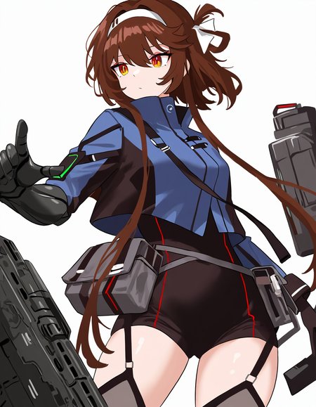 1girl,solo,white background,(simple background:1.1),cowboy shot,type79,single mechanical arm,<lora:type79-000012:0.8>,, masterpiece, best quality, very aesthetic, absurdres,newest, incredibly absurdres,
