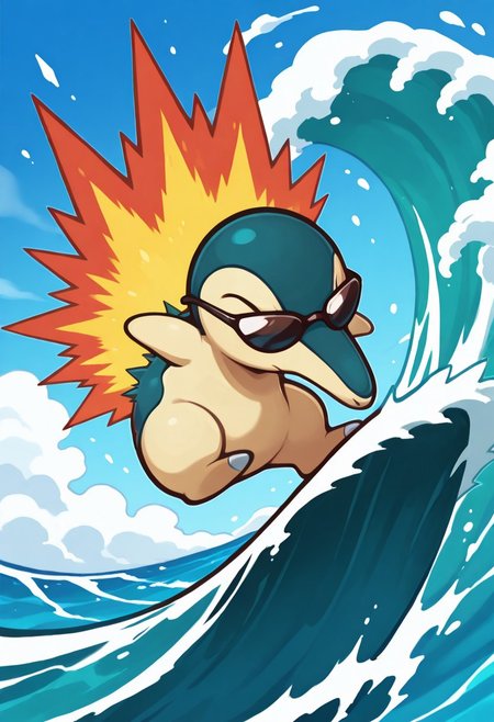 masterpiece, best quality, no humans, solo,    zzCyndaquil, surfing, ocean, wave, sunglasses,     ,<lora:CyndaquilPokedex_IXL:1.0>,