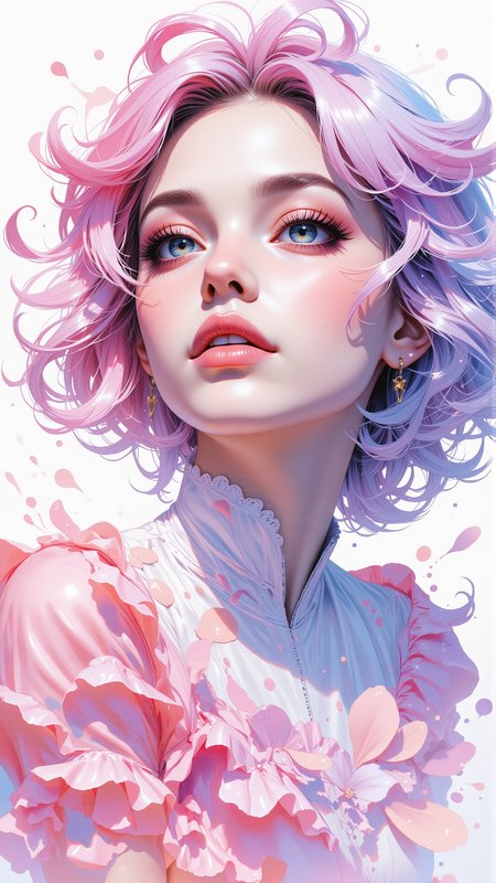 A romantic and dreamy portrait of a woman in a watercolor wash style, blending soft pastel pinks, purples, and blues, with delicate ink splatters surrounding her like petals, in the style of Jed-clrfl, <lora:FluxDFaeTasticDetails:0.5>,  <lora:flux-colourful:0.5>, <lora:ILPonyMixv2:0.5>