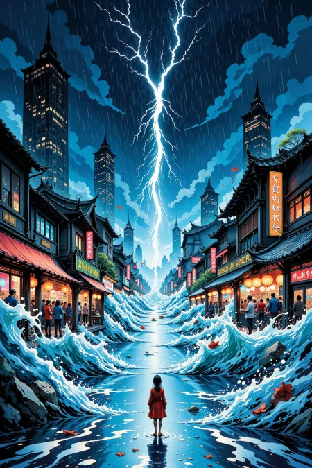a storm causing a gigantic flood in a crowded city beautiful  anime landscape, rainy day, woman, very intricate, very detailed, sharp, bright, colorful, <lora:Hand v2:0.5> <lora:Anti-Blur:1><lora:Insane Detail Slider:0.25>  <lora:flux.1_lora_flyway_Epic-detail_v2:0.3> <lora:fluxenhancer:0.25> <lora:ROWER:0.6> <lora:flux-charmer-v1-1:0.4> <lora:Chinese_Ink:0.6> chinese ink style