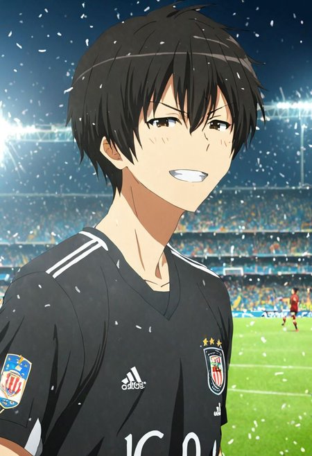 high resolution, solo, best quality, 1Boy, Kanie Seiya, Black Hair, soccer player, field, portrait, sport photography, celebration, OverallDetail
