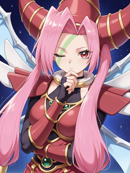 T.G. Wonder Magician,1girl,solo,hand on own chin,one eye closed,looking at viewer,upper body,closed mouth,green facial mark,twintails,black bodystocking,dragon wings,gold hair tubes,red dress,red gauntlets,red wizard hat,red shoulder armor,yu-gi-oh!, red eyes, 
masterpiece,best quality,amazing quality,very aesthetic,apussbsurdres,newest,<lora:T.G. Wonder Magician illuXL v1:0.75>,