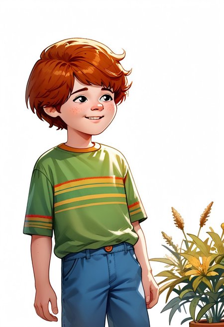 DarirStyle
score_9, score_8_up, score_7_up, 1boy, solo, Bill_Murphy, Ginger Hair, Freckles, black eyes, Striped Green Shirt, Blue Pants, shy smile,
