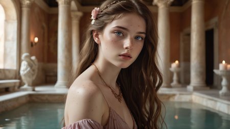 A young woman with long, styled hair stands in an elegant setting inspired by an ancient roman bathhouse. She wears a delicate gown adorned with a subtle floral color scheme, with soft shades of pink, lavender, and cream blending seamlessly into the fabric. Elegant jewelry, including a delicate necklace and earrings, adds a touch of refinement. Her hands gracefully play with her hair, adding a soft, feminine touch to her demeanor.
The background is rich with architectural details typical of a grand roman bathhouse, including marble floors, intricate columns, painted walls, and fountains. The room is dimly lit by the warm glow of candles, which cast dramatic shadows across the space, enhancing the mysterious atmosphere. Soft rose petals gently fall around her, adding a romantic and slightly melancholic touch to the scene. The overall mood is one of ethereal beauty, mystery, and romance.  (luc14nn4, freckles on her nose, long hair, brown hair, expressive blue eyes, soft pale skin.)