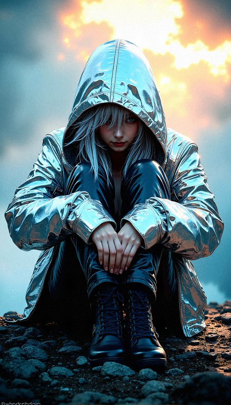 A mysterious beauty is the focal point of this intricate digital artwork, her shining silver hair barely visible beneath a hooded jacket. The jacket is made of a reflective, almost metallic material that catches and refracts light in complex ways, creating a visually stunning texture. The figure’s eyes are hidden in the shadows of the hood, adding to the air of mystery and intrigue. The background features a dramatic, on a cold mountain summit, cloud-filled sky, rich with vibrant colors and swirling patterns, as if nature itself is in turmoil or transition. The lighting is intense, with beams of light cutting through the clouds, casting dynamic shadows across the figure’s face and clothing. The overall composition is highly complex, with rich, saturated colors and extreme detail, making every element—from the texture of the jacket to the vibrant sky—stand out with striking clarity and depth.

Sitting on the ground with knees drawn up and hands resting on them.