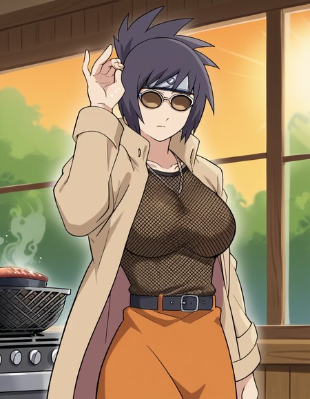 score_9, score_8_up, score_7_up, source_anime, <lora:anko-mitarashi-shippuden-ponyxl-lora-nochekaiser:1>, anko mitarashi, black hair, brown eyes, forehead protector, folded ponytail, large breasts, anime screepcap, blank eyes,, skirt, long sleeves, open clothes, belt, coat, fishnets, open coat, orange skirt, miniskirt, fishnet bodystocking, cafe, coffee cup, barista, sitting down, talking, relaxing, sunlight through window, , <lora:salt-bae-ponyxl-lora-nochekaiser:1> salt bae, salt bae (meme), salt, springkling, meme, cooking, steak, sunglasses, mean, grilling, grill, frying pan, food, hand up,, looking at viewer, solo,, cowboy shot, solo