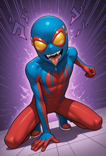 1boy, male focus, cute boy, BaileyBriggs, Mask, Yellow Eyes, Spiderboy Costume, Two-tone Bodysuit, Red Bodysuit, Blue Bodysuit, fangs, tongue, saliva, menacing, cinematic, intricately detailed illustration, depth of field, masterpiece, best quality, amazing quality, very aesthetic, absurdres, newest, very awa, shadow, dynamic angle, casual cosplay, dynamic pose,  action pose,